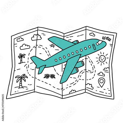 Airplane flying over a world map with travel icons.