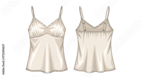 Elegant camisole technical drawing showcasing front and back design details on a pure white background with soft shading