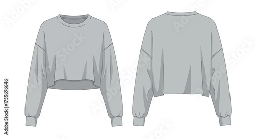 Technical fashion illustration of a front and back view of a cropped sweatshirt in light grey for clothing and design purposes