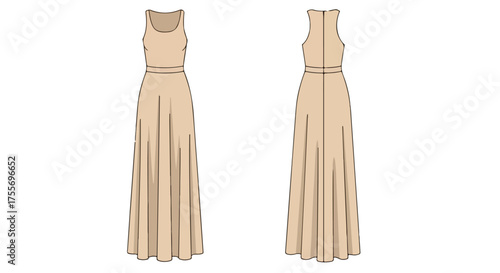 Elegant full-length beige dress design showcased in front and back views for fashion industry design and garment presentation