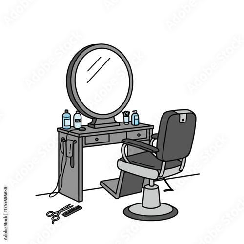 Barber chair and vanity with mirror and scissors.