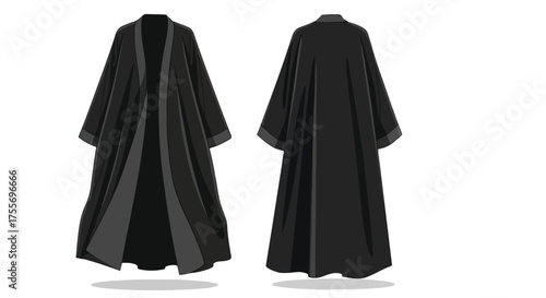 Detailed vector illustration presenting a modern black abaya design from both the front and back perspectives on a white background