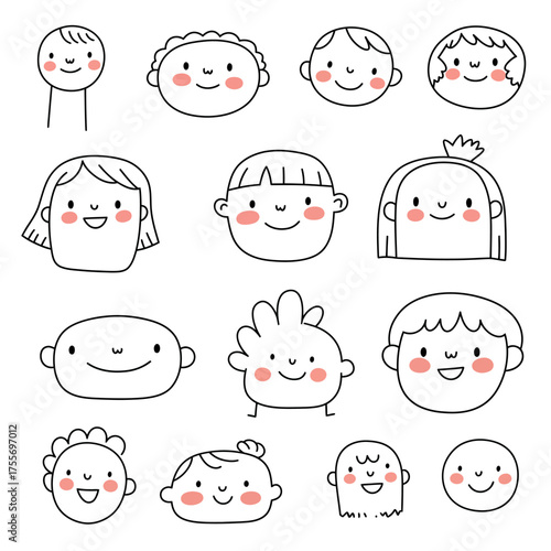 Collection of Diverse Hand-Drawn Cartoon Faces for Children.