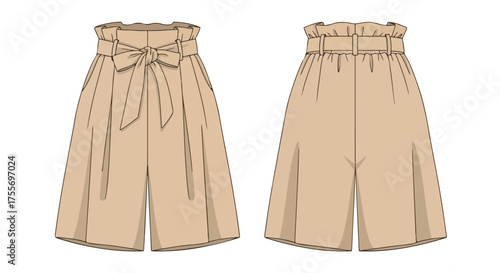 Technical flat sketch showcasing women's paperbag waist shorts in a sand color isolated on a white background