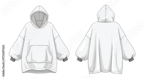 Oversized hooded sweatshirt template, front and back view, comfortable and stylish design for casual wear, ideal for fashion design and product