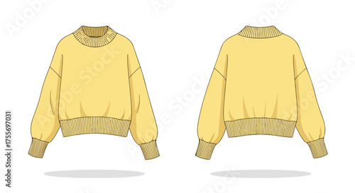 Fashionable pastel yellow women's sweater technical sketch, front and back views, perfect for clothing design and apparel manufacturing projects