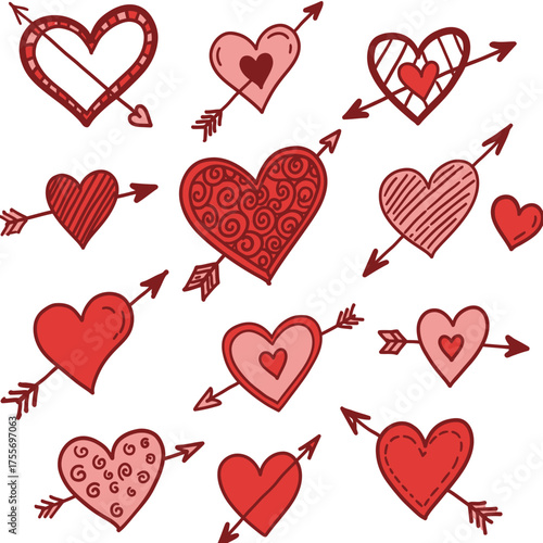 Collection of Hand Drawn Hearts Pierced by Arrows.