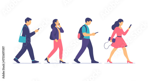 People Walking and Using Smartphones, Phone Walkers icon logo flat vector design