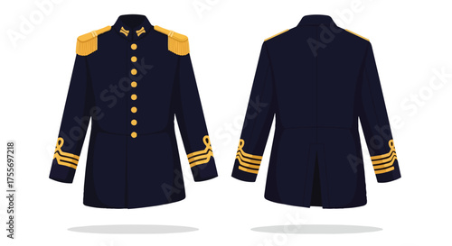 Illustration of a navy formal military coat with gold embellishments on a plain white background suitable for various applications