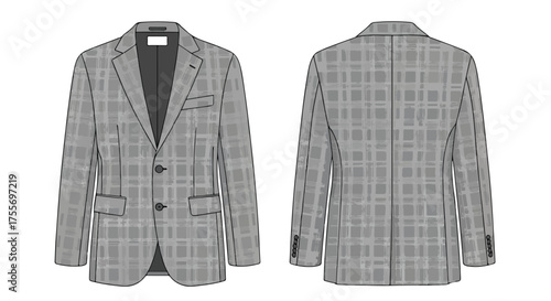 Elegant bespoke blazer with sophisticated pattern design, ideal for business and fashion, rendered in a technical front and back view