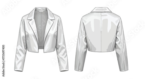 Fashionable sketch of a cropped white jacket, illustrating both front and back views in a professional style representation that showcases modern