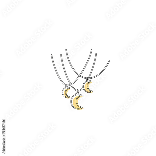 Three delicate gold crescent moon pendants hang gracefully, isolated on white background, each suspended from a fine silver chain, creating a minimalist and elegant jewelry display