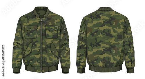Detailed camo bomber jacket illustration showcasing front and back views, capturing military-inspired fashion in a clean and modern design style
