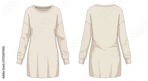 Beige Long-Sleeve Dress Showcase: Front and Back Views for Fashion Design Illustration and Casual Wear Display