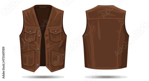 Illustration showcasing the front and back views of a brown leather vest with pockets and buttoned design, perfect for fashion design concepts