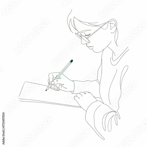 A person writing on paper with a pen, isolated on white background the writer is focused on their work, creating a story, letter, or document with care