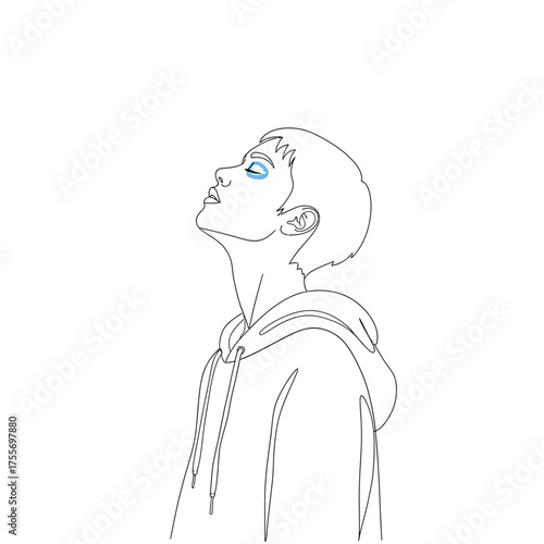 A young person looking up, rendered in a minimalist line art style, with blue eyes, isolated on white background, capturing a sense of hope and aspiration
