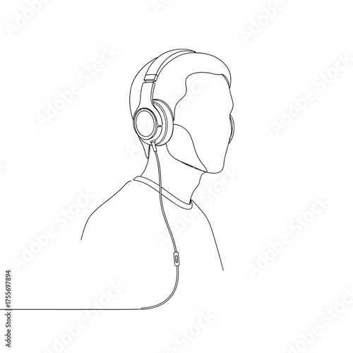 Line art illustration of a man wearing headphones isolated on white background minimalist design for music lovers, audiophiles, and tech enthusiasts modern and stylish
