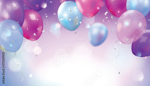 3d purple blue helium balloon background with confetti. Surprise celebration, birthday anniversary Abstract luxury banner with violet balloons decoration. Realistic. Congratulation template