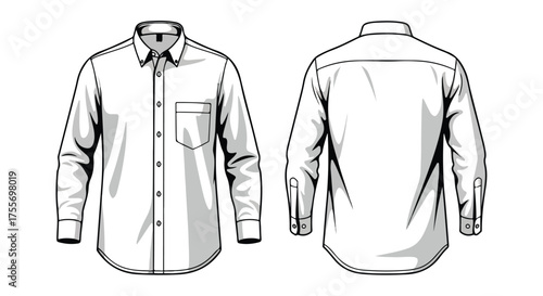 Detailed vector illustration showcasing a men's long-sleeve button-down shirt design from front and back views with meticulous outlining and shading