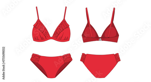 Scarlet Swimsuit Showcase: A Detailed Illustration of a Red Bikini with Ruffled Accents and Adjustable Straps for Summer Style