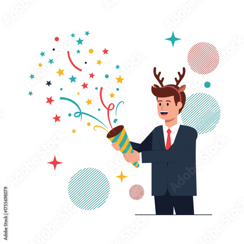 A businessman in a suit and reindeer antlers joyfully launches a party popper on a white background with festive confetti and abstract shapes.