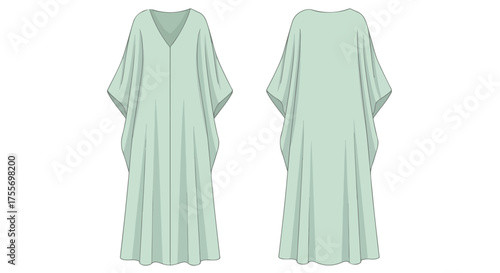 Technical flat sketch of a light green kaftan dress showing front and back views for fashion design illustration