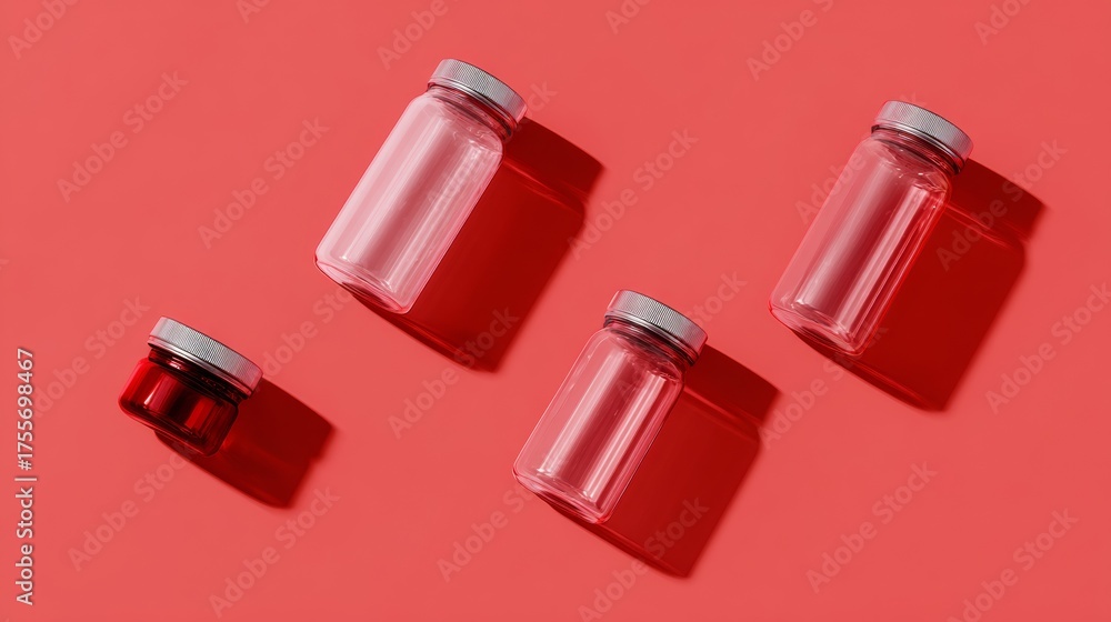 Obraz premium Red medicine bottles on pink background modern advertising product photography design concept healthcare elegant minimal clean aesthetic professional pharmaceutical wellness
