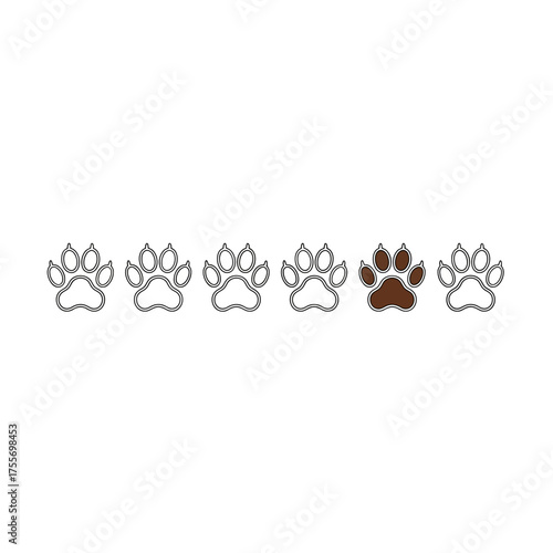 Paw prints illustration isolated on white background, showcasing a unique brown paw among others, symbolizing individuality and distinctiveness in a minimalist style