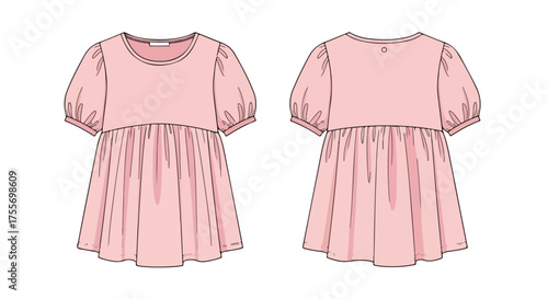 Illustration of a pink babydoll dress with puff sleeves, shown from front and back angles, perfect for fashion design reference, showcase in garment