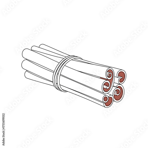 Illustration of a bundle of cinnamon sticks tied together, isolated on white background, showcasing the spices texture and form in a minimalist design