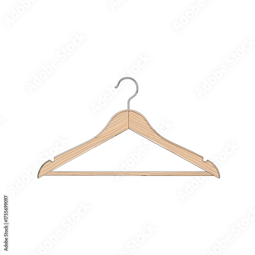 Illustration of a wooden clothes hanger with a metal hook, isolated on white background, showcasing its simple design and functionality for garment storage