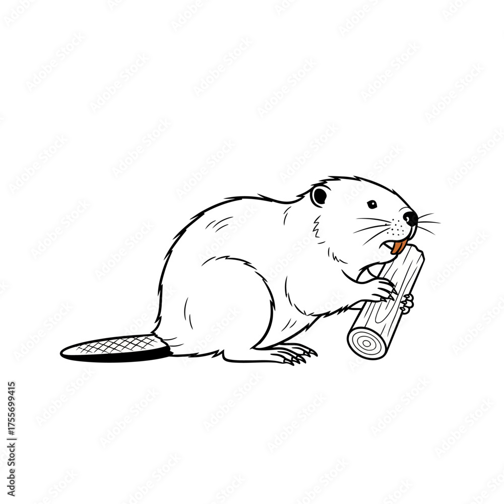 Fototapeta premium An endearing illustration of a beaver gnawing on a log, isolated on white background, rendered in a simple line art style with subtle shading