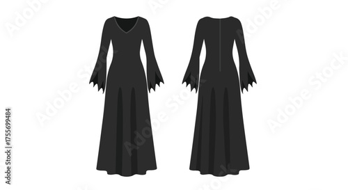 Digital illustration showcasing a long black gown with unique jagged sleeve detail designed for fantasy or costume contexts displayed front and back