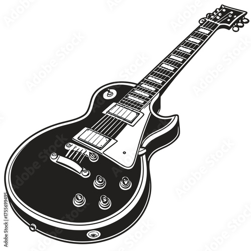 Classic black and white illustration of a vintage electric guitar with a white pickguard and chrome hardware electric guitar vector illustration