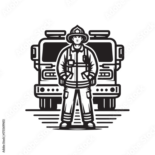 Vector sketch of firefighters posing in front of fire truck in simple and expressive line style