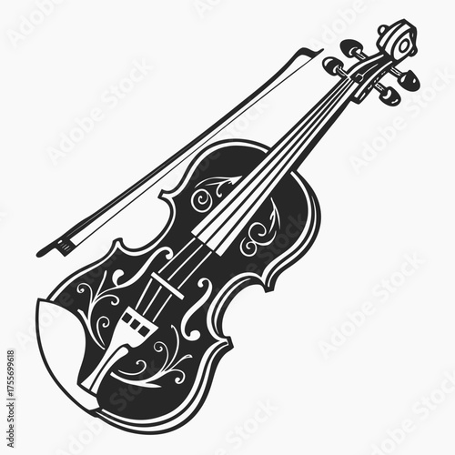 Elegant black and white illustration of a violin with a bow and decorative floral scrollwork on a plain background vector illustration of a violin