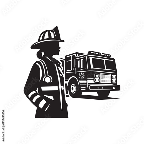 Vector illustration of a female firefighter posing in front of a fire engine, depicting a tough and brave woman.