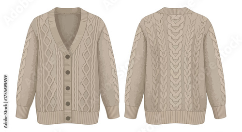 Front and Back View of a Knitted Cardigan with Intricate Cable Knit Patterns and Button Detailing for Fashion or Textile Design projects