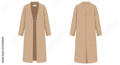 Minimalist Beige Long Cardigan Illustration Showing Front and Back, A Stylish Wardrobe Essential for all Seasons