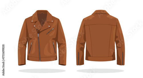 Illustrative depiction showcasing a brown leather biker jacket, viewed from both the front and back, emphasizing design elements and overall form