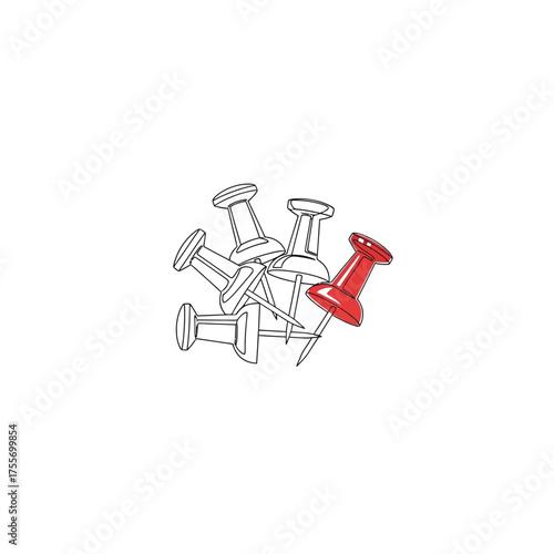 A red pushpin stands out among several gray ones isolated on white background, symbolizing focus, importance, and standing out in a minimalist design
