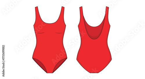 Stylish scarlet swimsuit vector design, showcasing both front and back view on clean white backdrop, ready for summer adventure