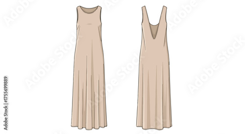 Elegant neutral maxi dress showcasing a modern sleeveless design for sophisticated fashion illustration drawing showcasing contemporary dressmaking