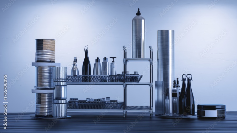 Obraz premium Industrial shelf with metal bottles modern advertising product photography design concept luxury elegant minimal clean aesthetic professional composition structure metallic design