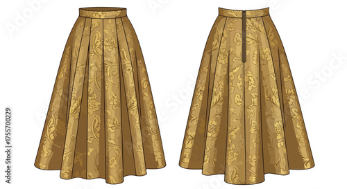 Detailed technical drawing showcasing a front and back view of an elegant pleated skirt with floral pattern design
