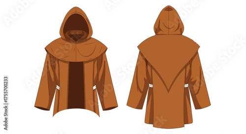 Depiction of a simplistic tan hooded cloak showcasing its front and back designs against a plain backdrop providing a full view of the attire