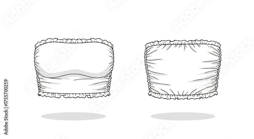 Technical drawing illustrating the design of a strapless top with frills, showcasing both front and back views on a clean white backdrop