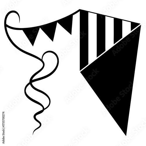 Stylized kite with pennants and ribbons on transparent background silhouette