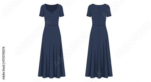 Elegant full-length navy dress showcasing front and back views on a clean white background, ideal for fashion design and promotional purposes